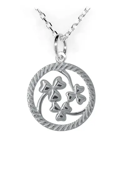 Sterling Silver Pendant With Three Shamrocks Entwined in Beautifully Textured Circular Frame